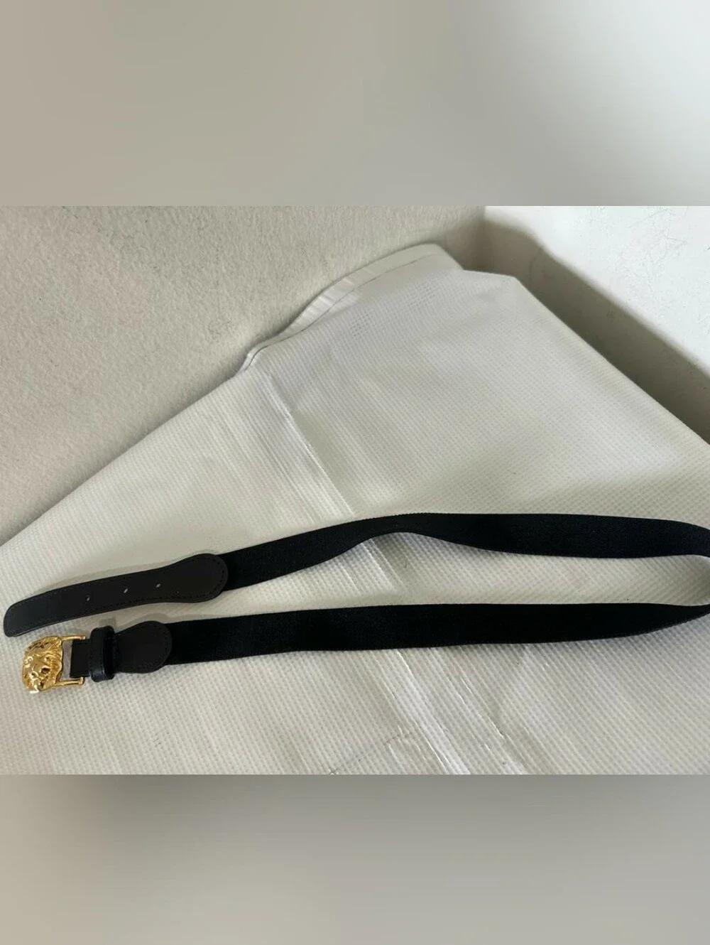 Chic Black Stretch Waist Belt with Gold Lion Statement Buckle Size 35